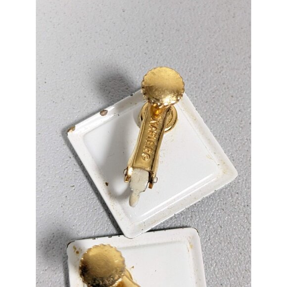 Vintage Napier Black White Square Metallic Clip On Earrings Mid Century Modern - Picture 6 of 7